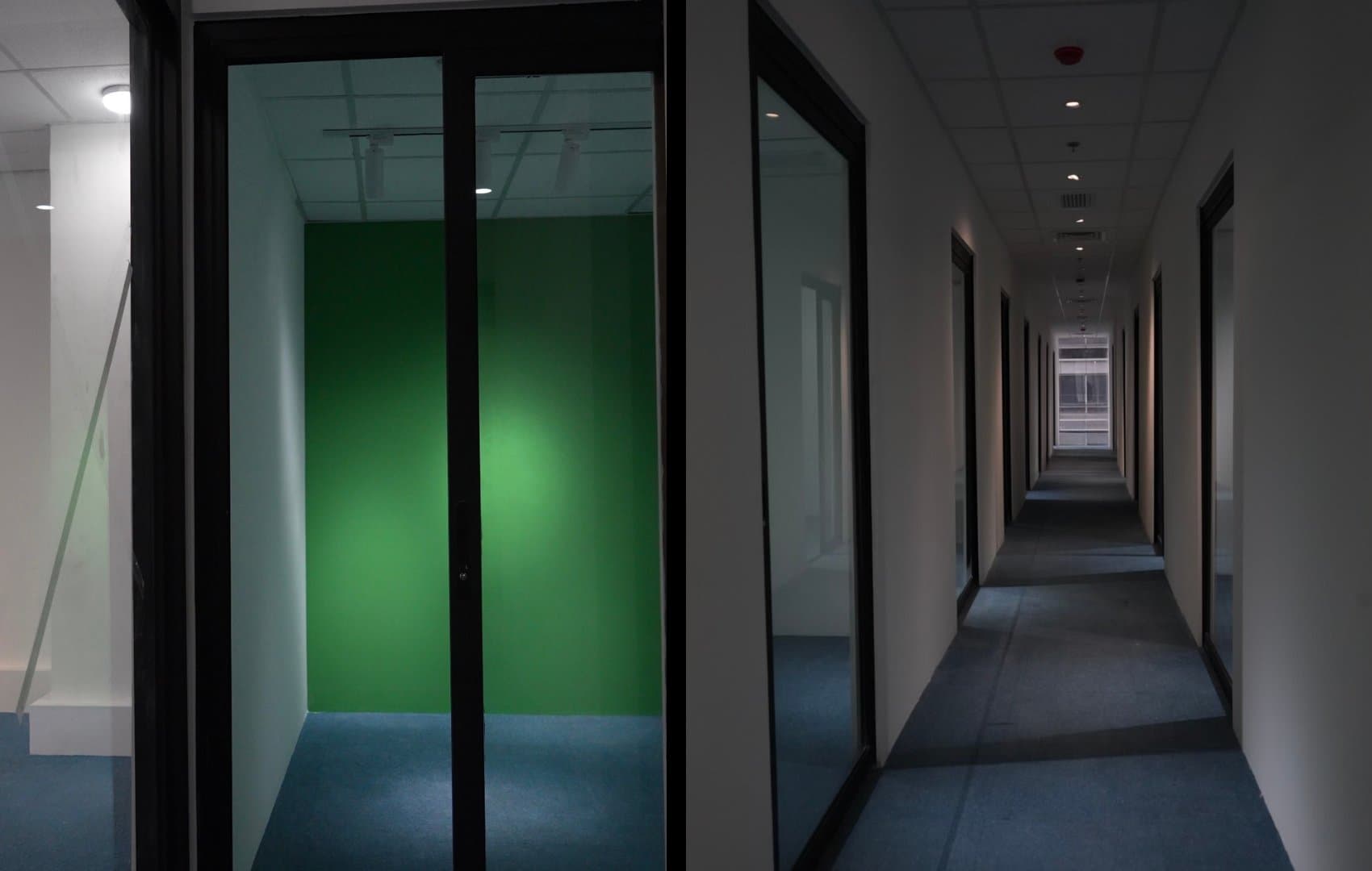Etaily fitted corridor looking into the green live-session room